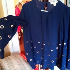Michael Kors, retro-style top, medium,navy, polyester w/gold-tone embellishments